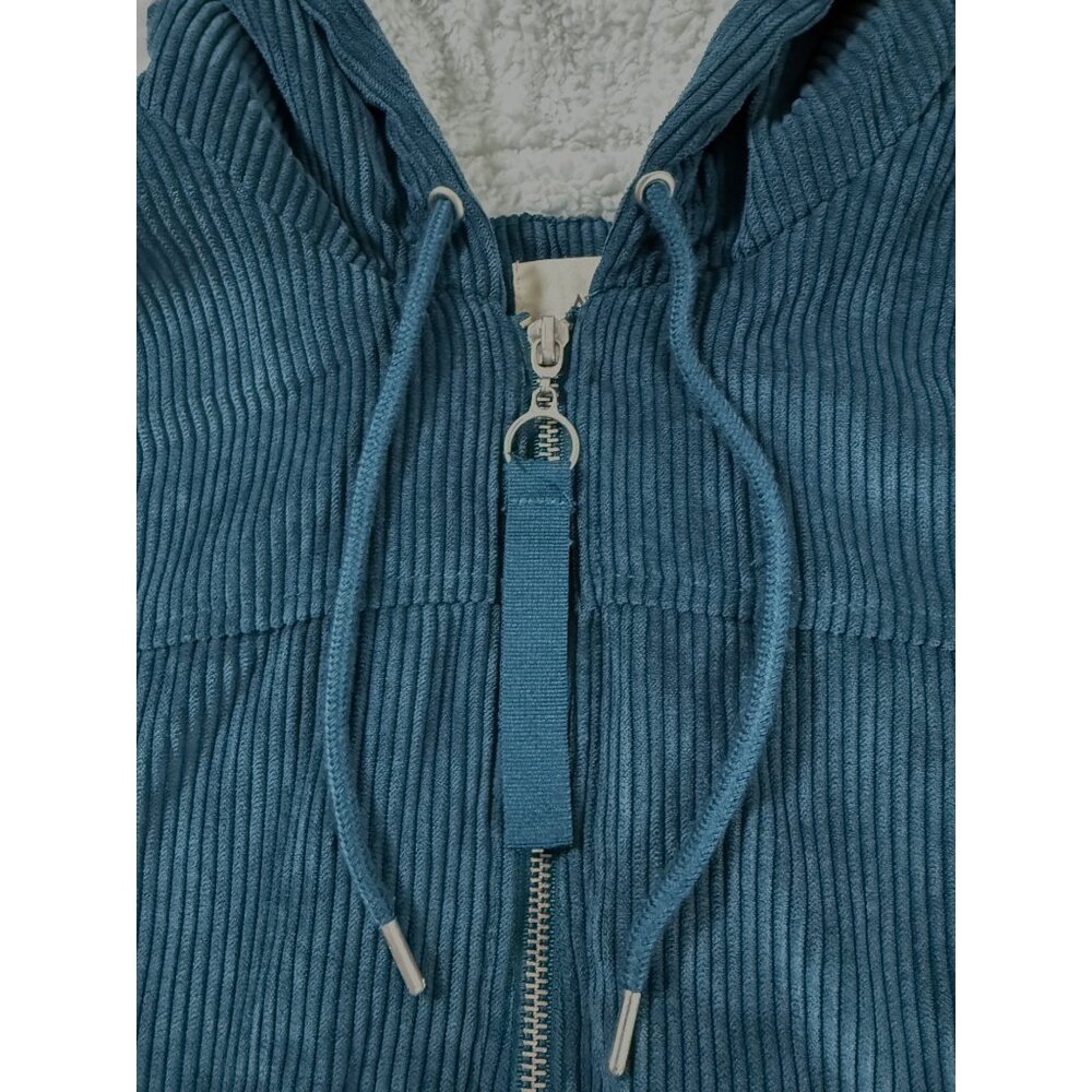 Women’s Y2K Teal Corduroy Sherpa Lined Zip Hoodie Jacket Large Cozy Retro Soft - Picture 3 of 12